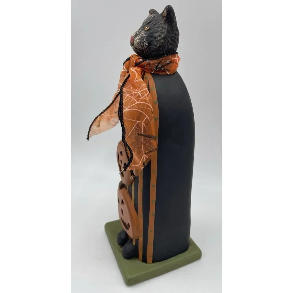 Halloween Black Cat Pumpkin Tea Candle Holder Ceramic Statue Folk Decoration 10" - Picture 4 of 11